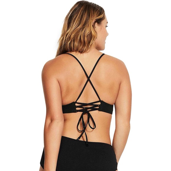 Seafolly Australia Black Quilted Fixed Tri Strappy Bikini Top size 14 EUC - Picture 4 of 12